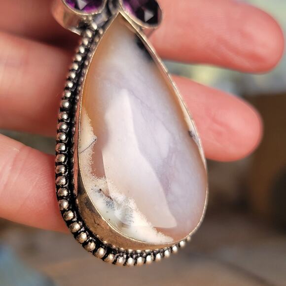 Captivating Montana Agate Pendant, Sterling Silver Necklace With Amethyst Accent - Picture 3 of 10